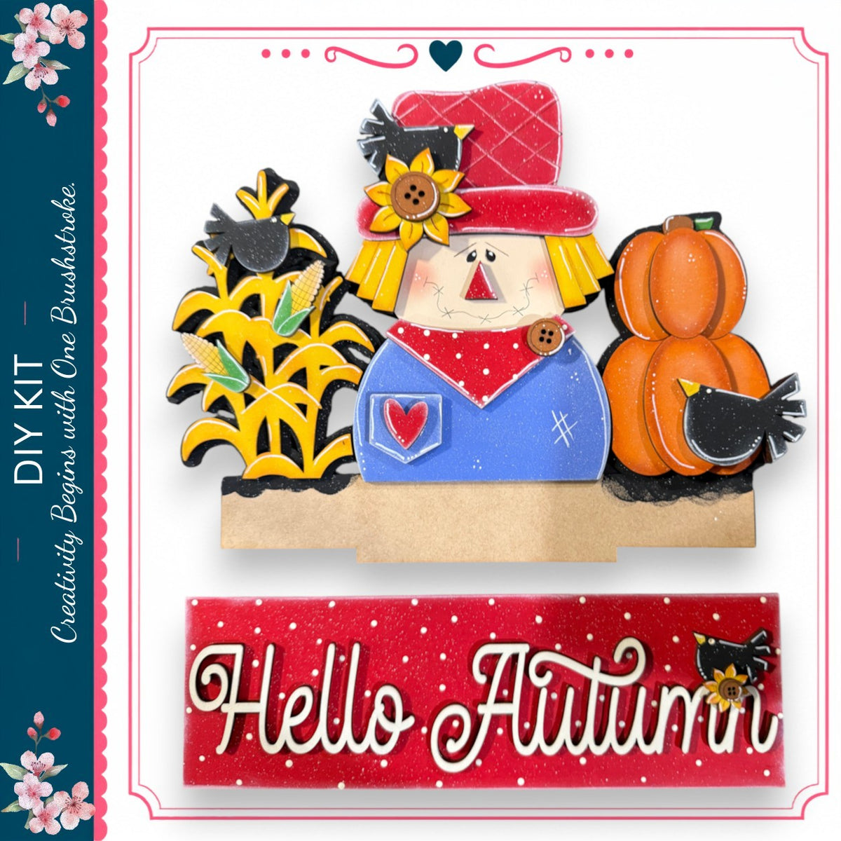 The image is a colorful illustration featuring a scarecrow, pumpkins, and a bird, with the text "Hello Autumn" displayed below.