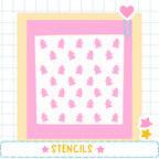 a pink and white pattern with numerous small pink ghost-like figures arranged in a grid-like pattern.