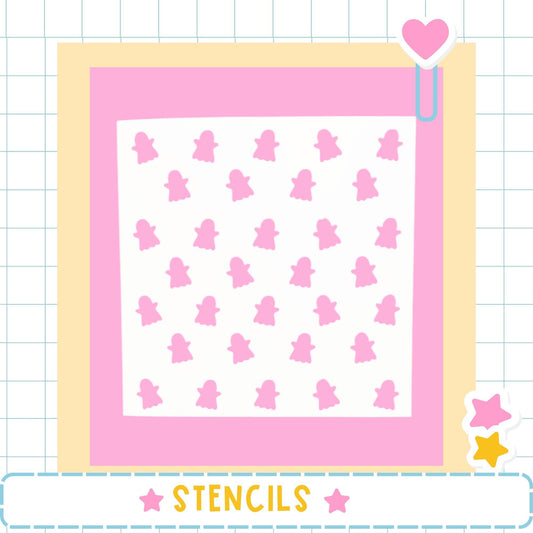 a pink and white pattern with numerous small pink ghost-like figures arranged in a grid-like pattern.