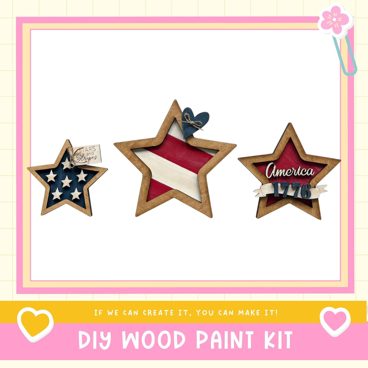 three wooden stars, each with a different design and color, arranged in a row. The stars are decorated with American flags and the word "America" written on them. The image also includes text that says "DIY WOOD PAINT KIT" and a heart symbol, suggesting that this is a kit for creating wooden stars.
