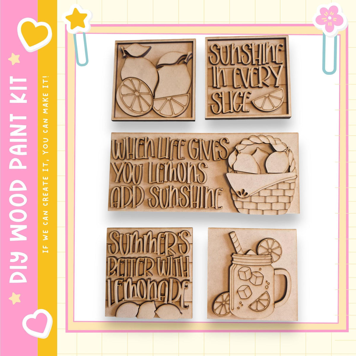 a collection of wooden cutouts, each with a unique design and message. The cutouts include lemon slices, a basket, and a lemonade glass, all arranged in a visually appealing manner. The messages on the cutouts convey a positive and uplifting tone, such as "Sunshine in every slice", "When life gives you lemons, add sunshine", and "Summer better with lemonade".