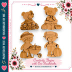The image is a collage of four wooden teddy bear designs, each with a unique outfit and accessory, set against a floral border.