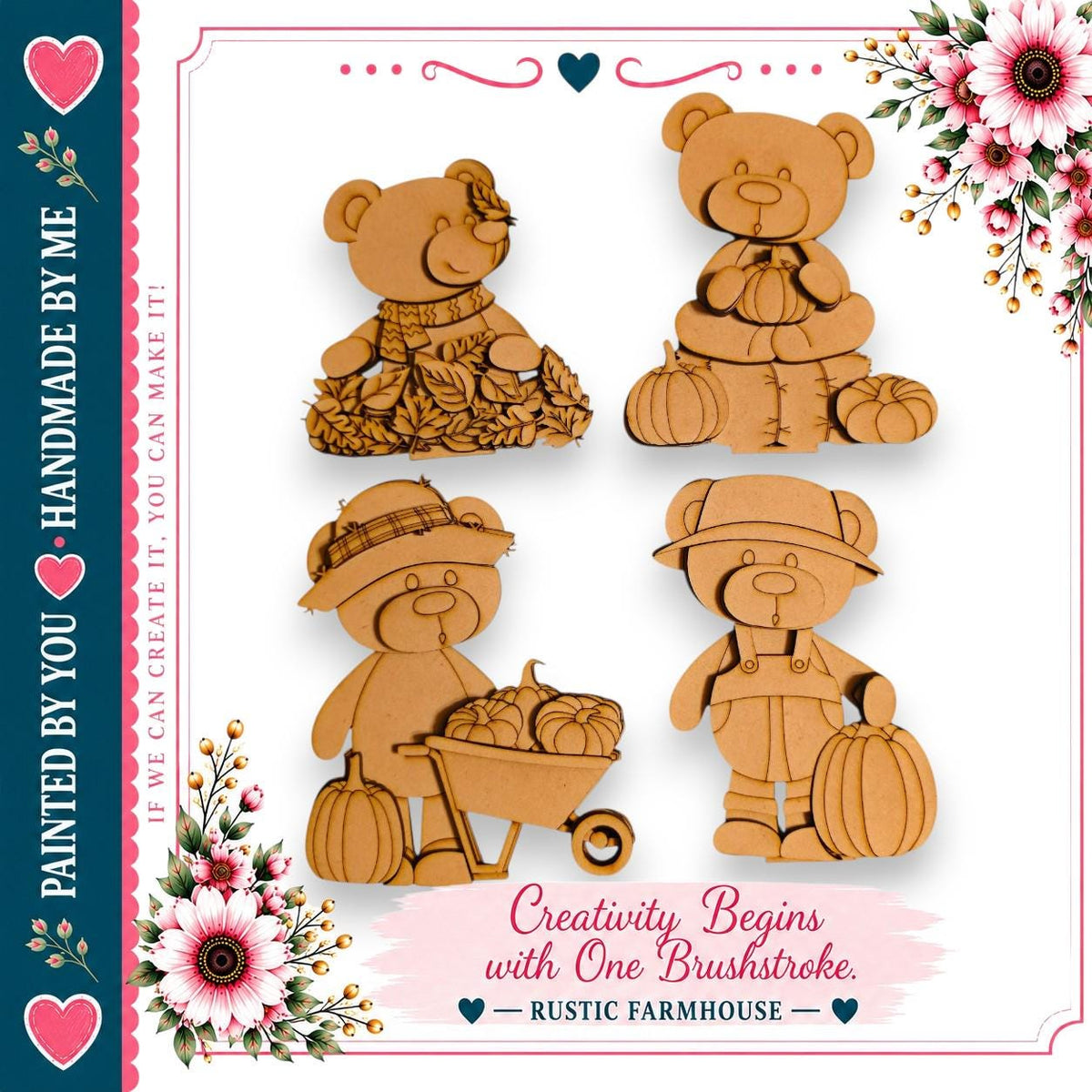 The image is a collage of four wooden teddy bear designs, each with a unique outfit and accessory, set against a floral border.