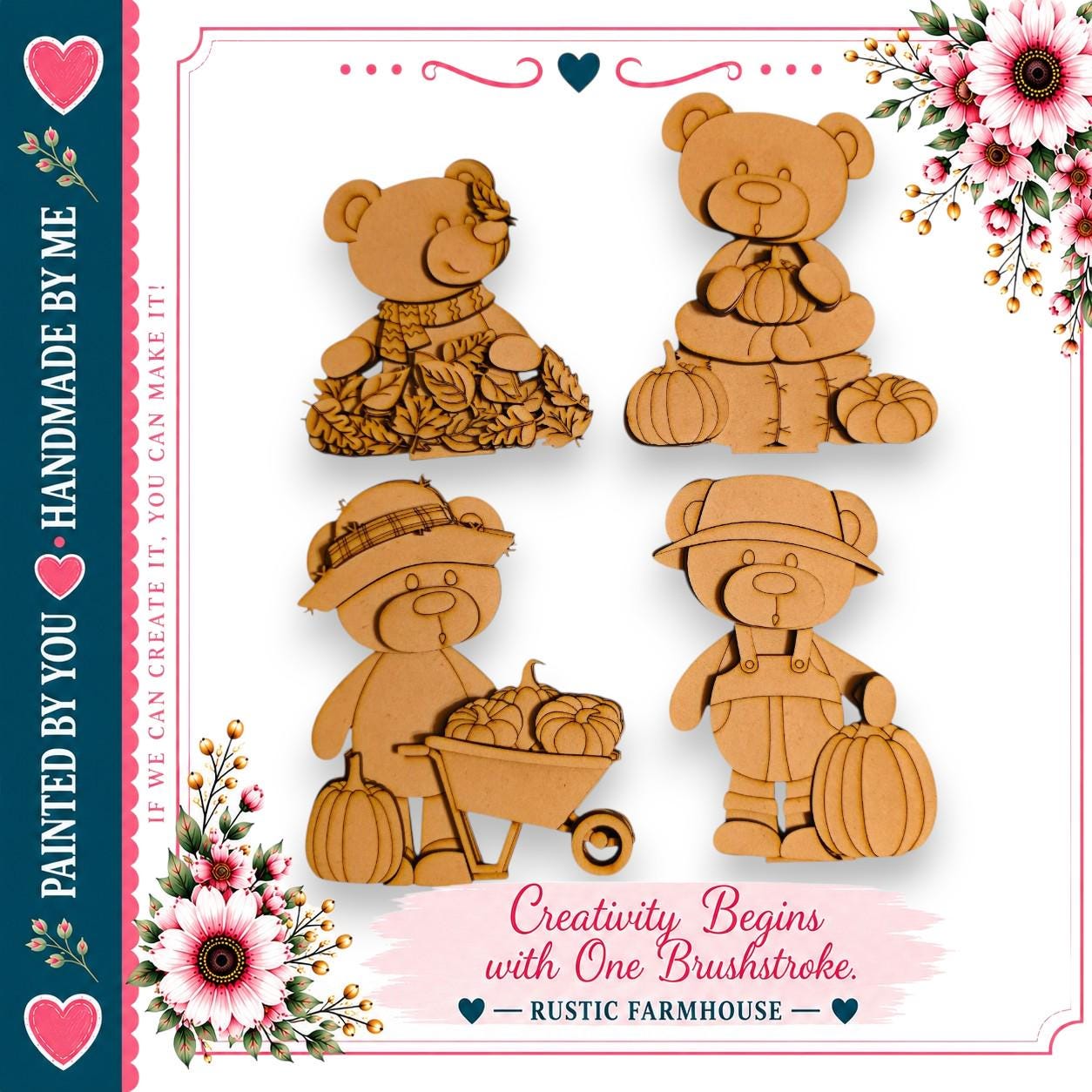 The image is a collage of four wooden teddy bear designs, each with a unique outfit and accessory, set against a floral border.