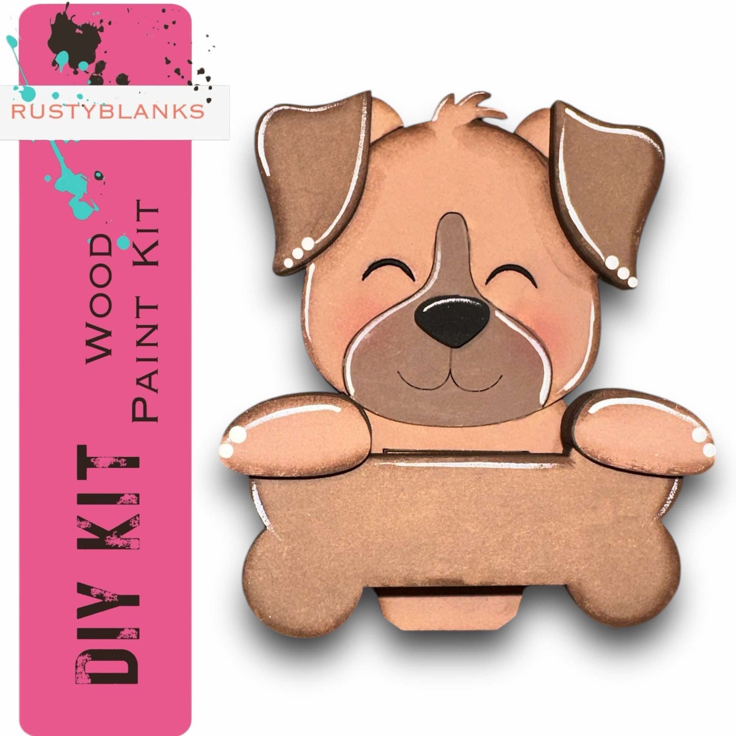 a wooden dog brooch with a pink background