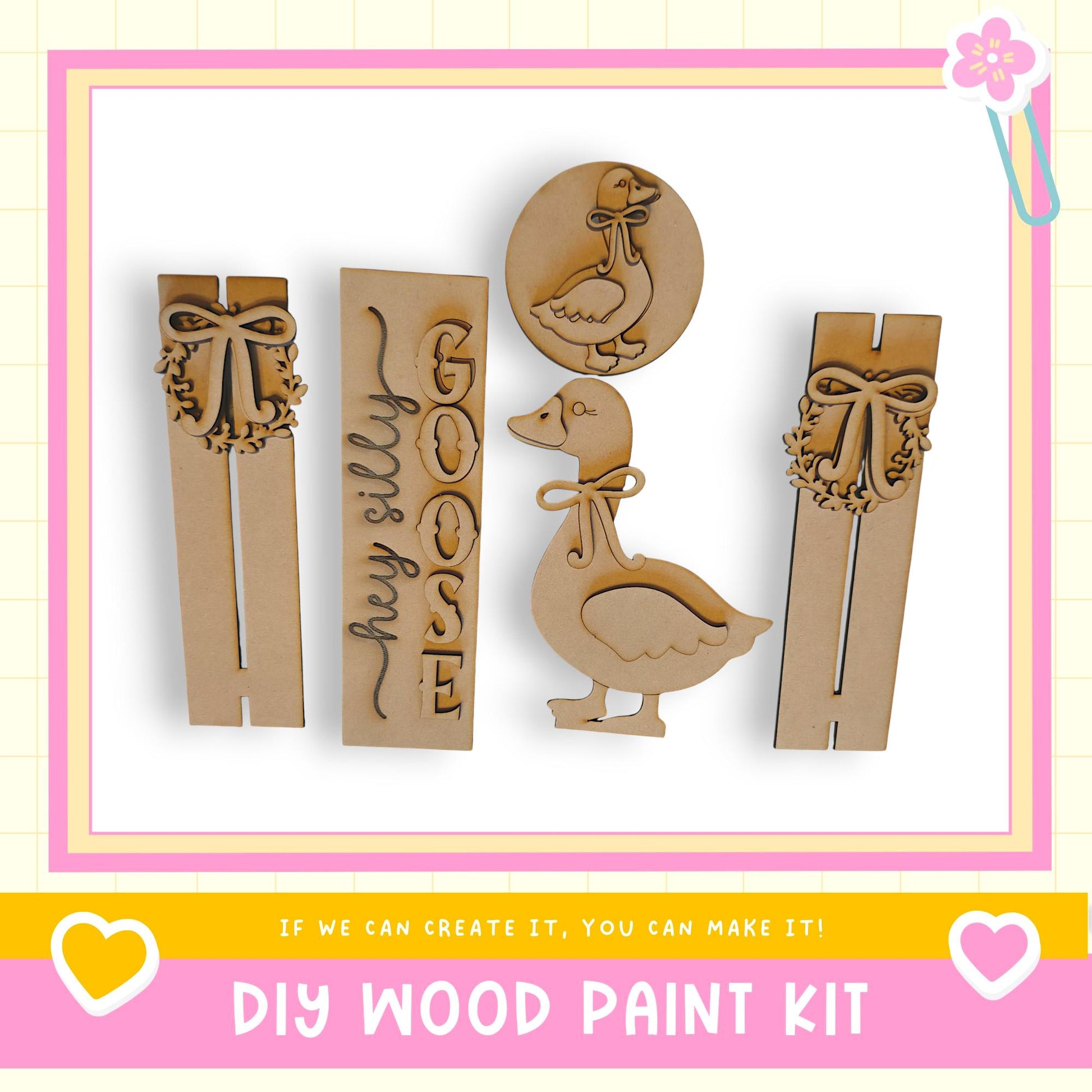a DIY wood paint kit with various wooden shapes and designs, including a duck and a bow, displayed on a white background.