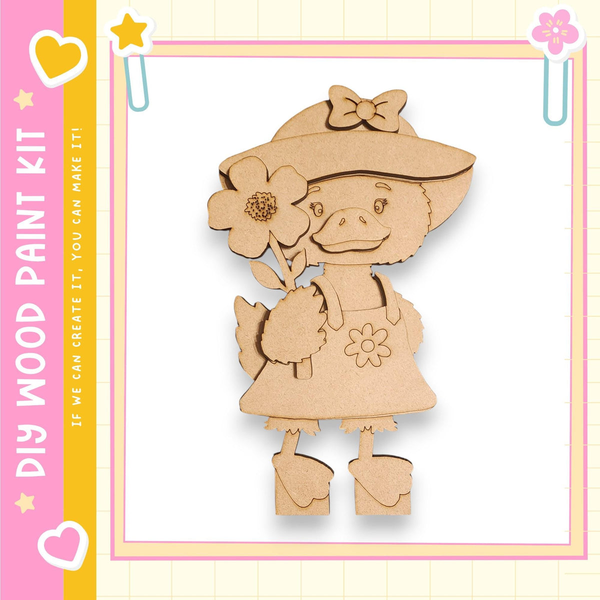 A wooden cutout of a cartoon duck holding a flower, set against a pink and yellow background with decorative elements.