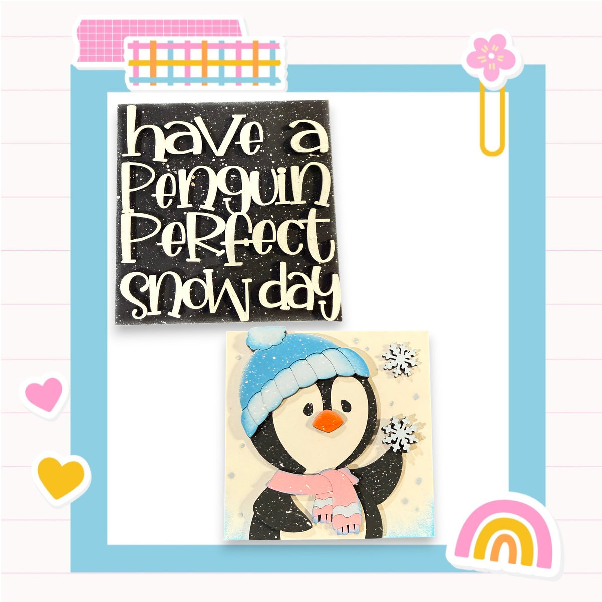 a playful and whimsical scene featuring a penguin wearing a hat and scarf, surrounded by snowflakes and other winter-themed elements.