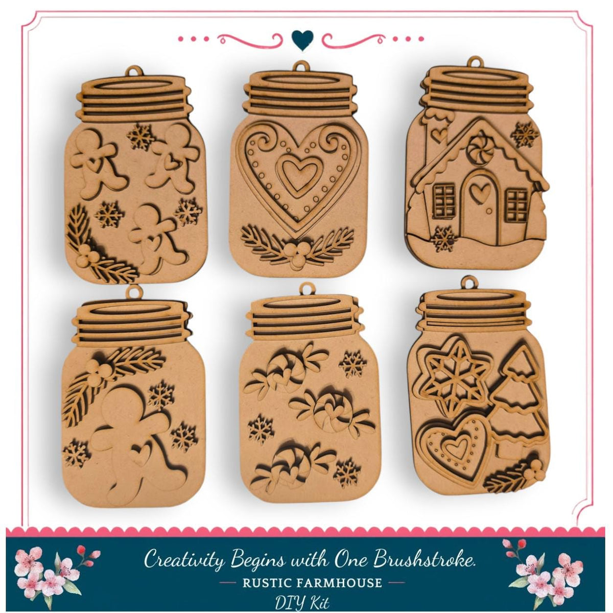 six wooden mason jar ornaments with various designs, including snowflakes, hearts, and a house, arranged in a grid.