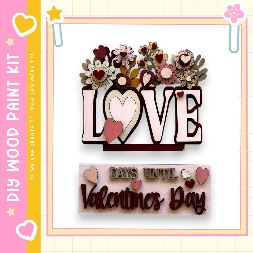 The image is a Valentine's Day-themed collage featuring a large wooden sign with the word "LOVE" and the phrase "DAYS UNTIL Valentine's Day" written on it. The sign is surrounded by various heart-shaped decorations and floral elements, creating a festive and romantic atmosphere.