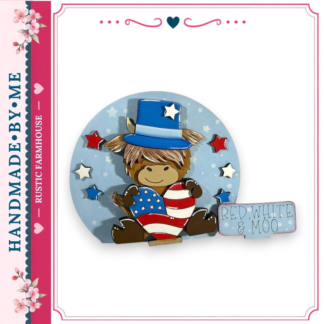 A wooden cutout of a horse wearing a top hat and holding an American flag, surrounded by stars and flowers, with a sign that says "RED WHITE & MOO".