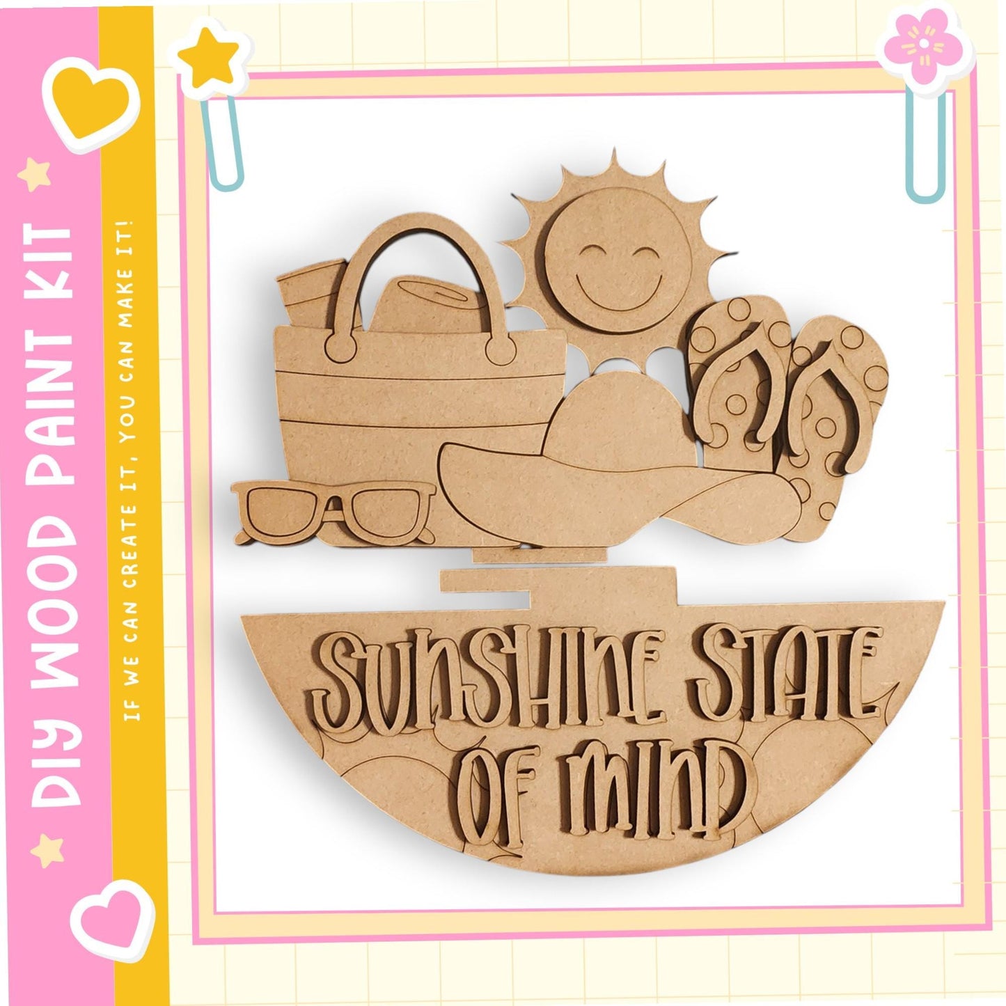 The image is a wooden paint kit featuring a sun and various beach-related items, such as a hat, sunglasses, and a beach bag.