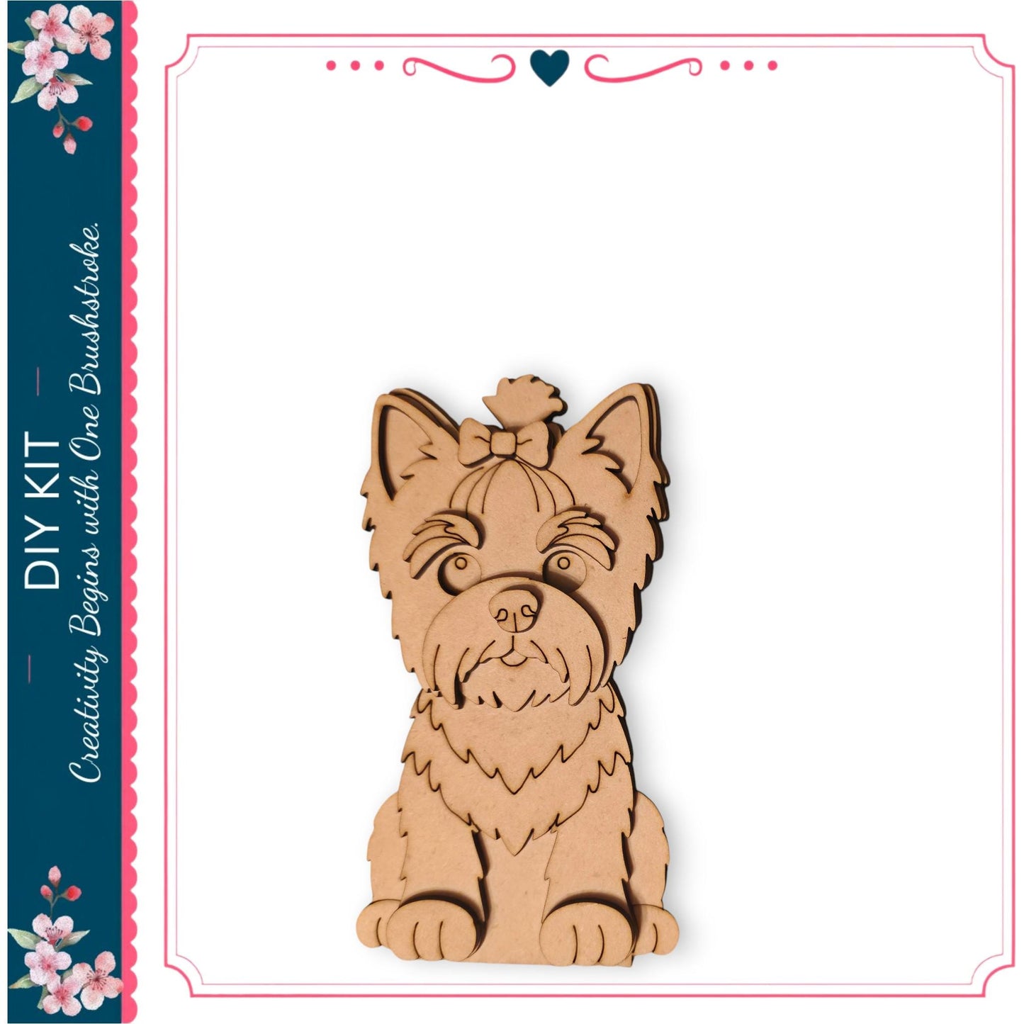 A wooden cutout of a dog, likely a Yorkshire Terrier, is displayed against a white background.