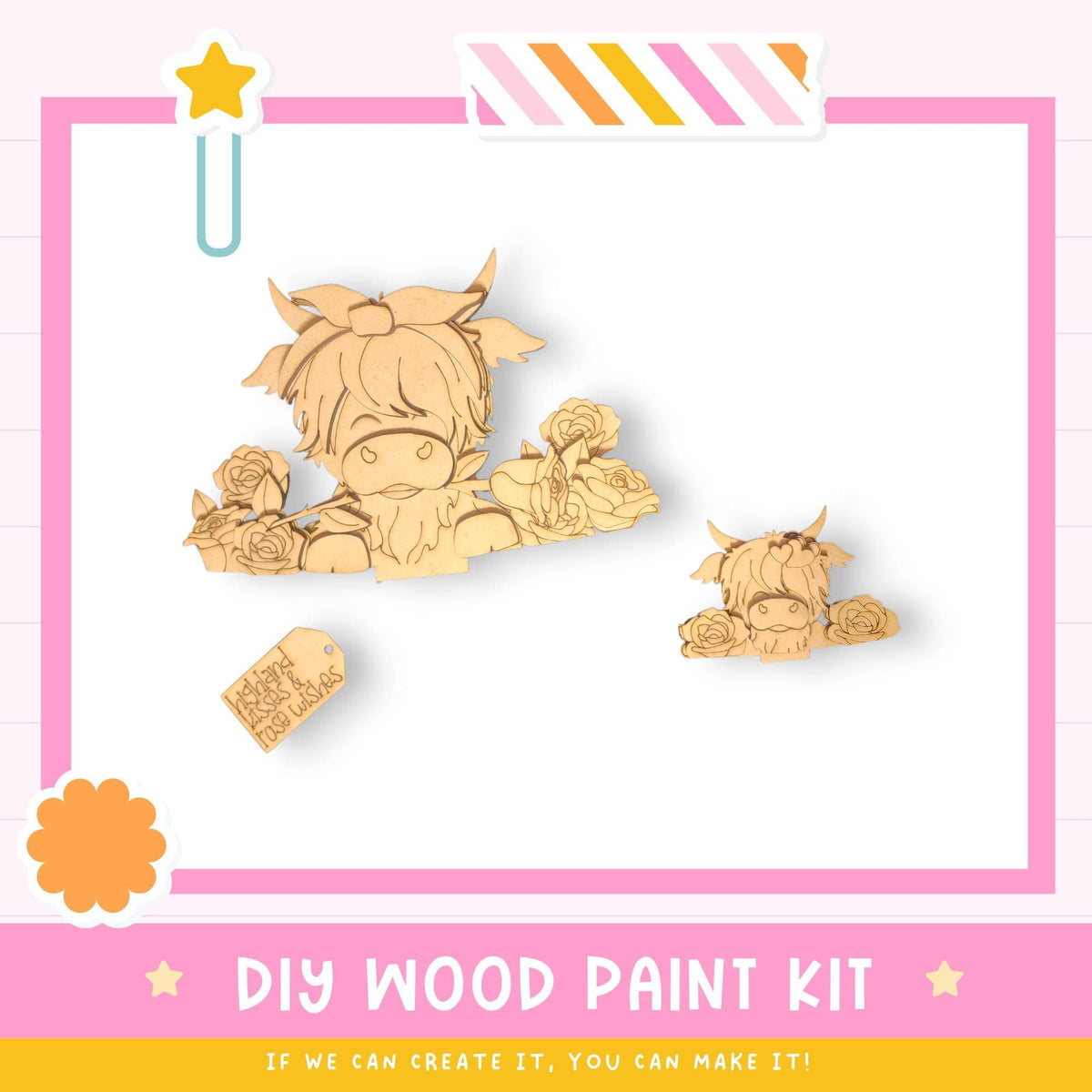 The image is a DIY wood paint kit featuring a wooden cow and flowers. The kit appears to be made of wood and is designed for painting.