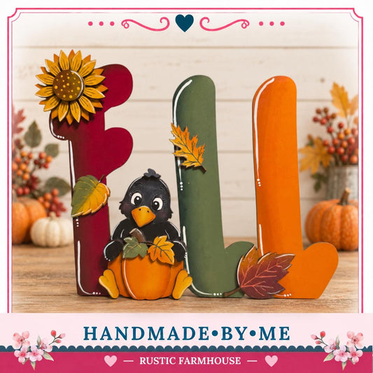 A hand-made rustic farmhouse-style decoration featuring a bird sitting on a pumpkin, surrounded by autumn leaves and flowers.