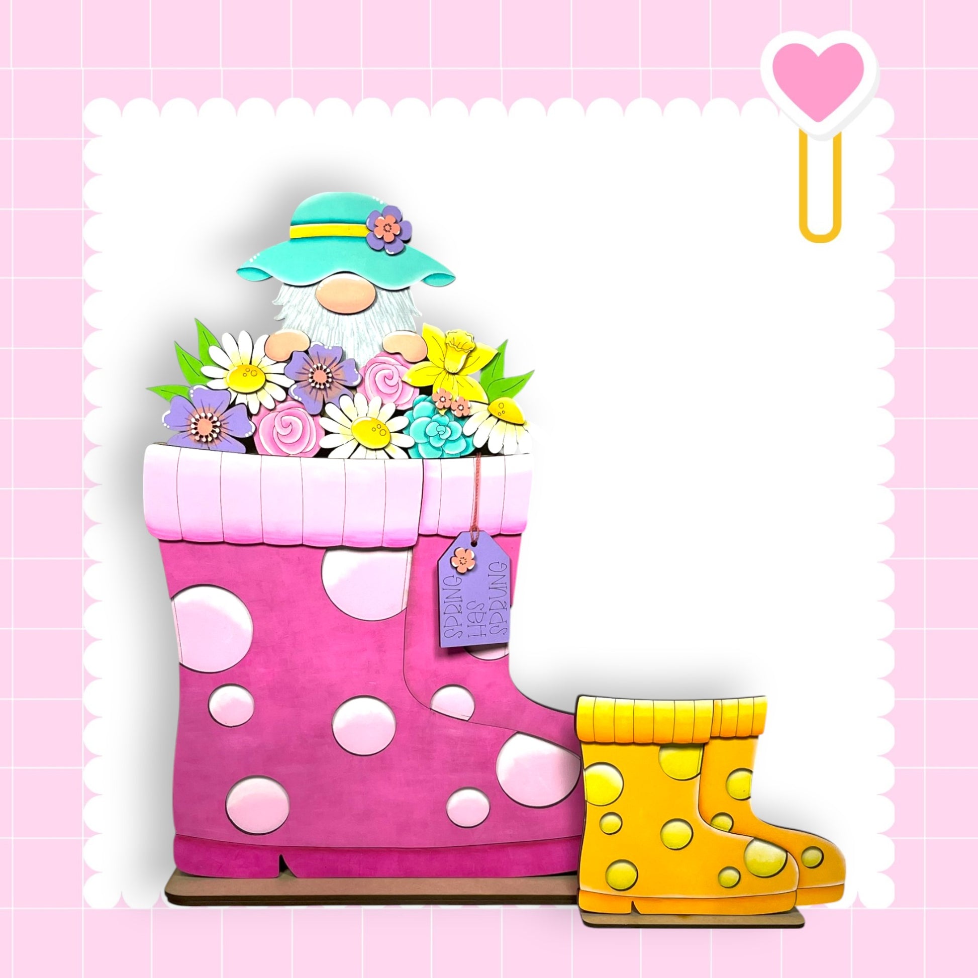A pink polka-dotted rain boot with a flower pot filled with colorful flowers, and a yellow rain boot next to it, set against a pink background with a heart shape and a yellow heart shape.