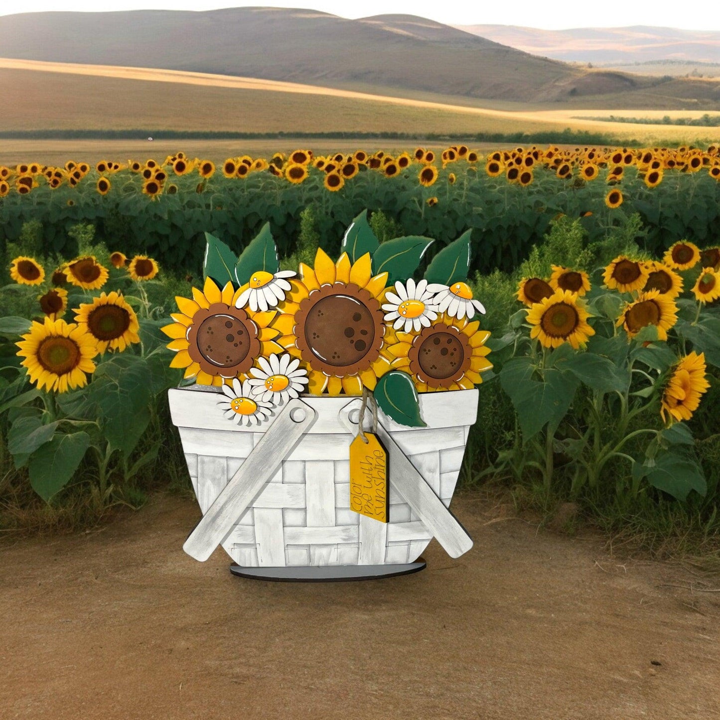 a basket of sunflowers in a field of sunflowers