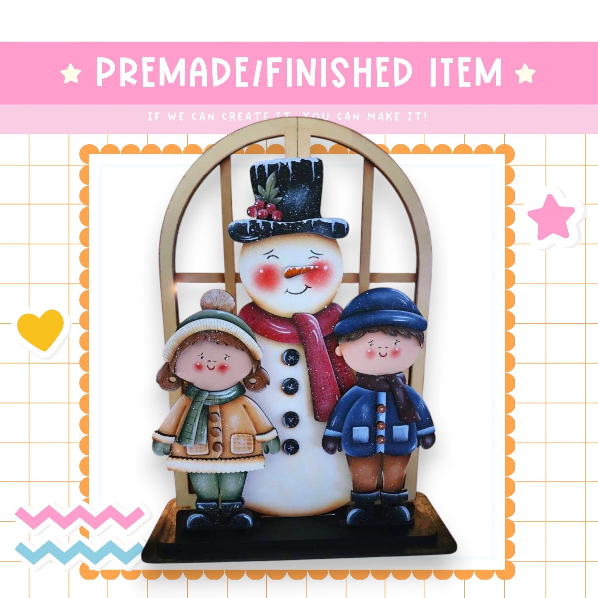 a snowman and two children, with a pink banner above them that reads "PREMABLE/FINISHED ITEM" and a pink star on the right side.