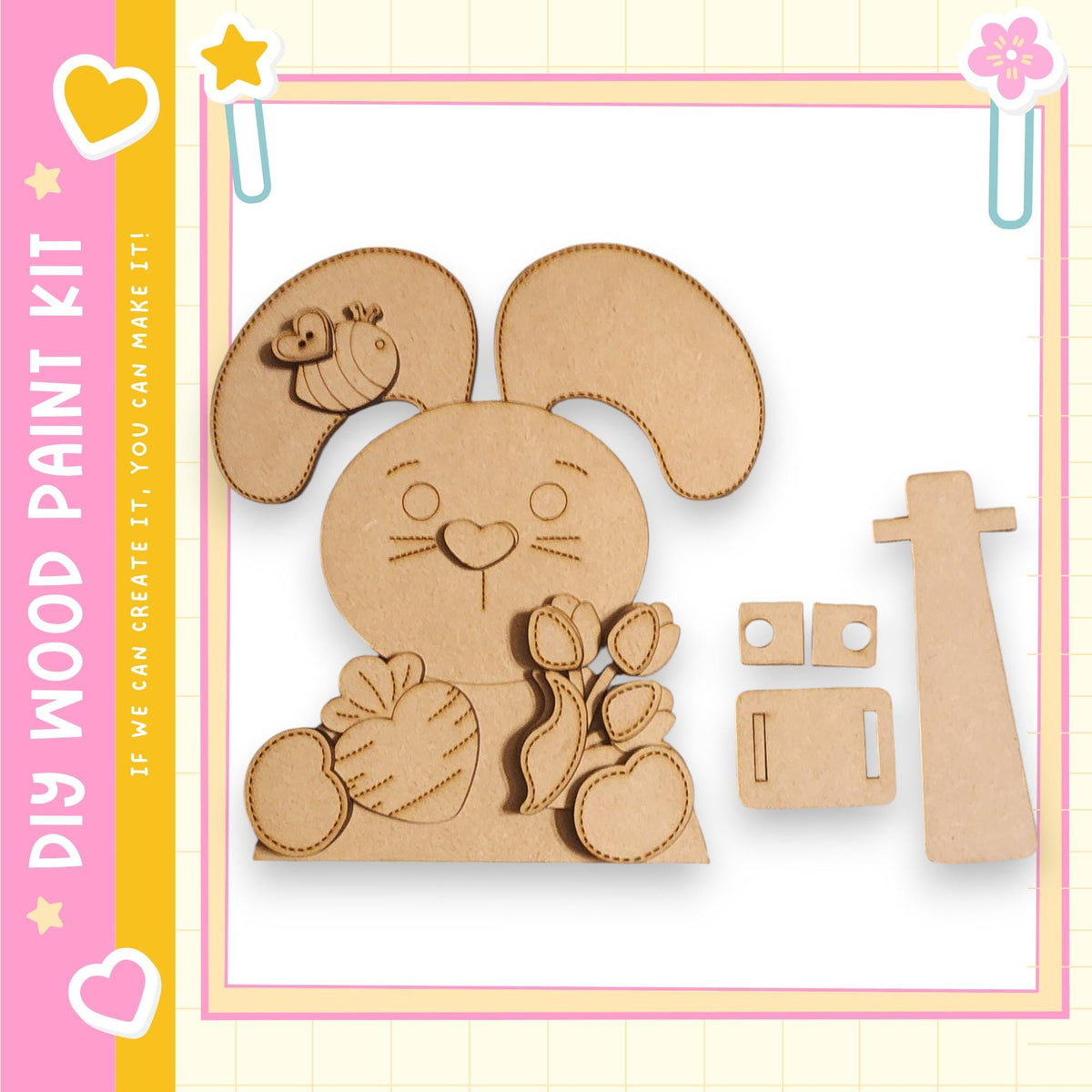 a wooden rabbit figure with a carrot and a bee on its head, along with some additional wooden pieces, all set against a pink and yellow background.