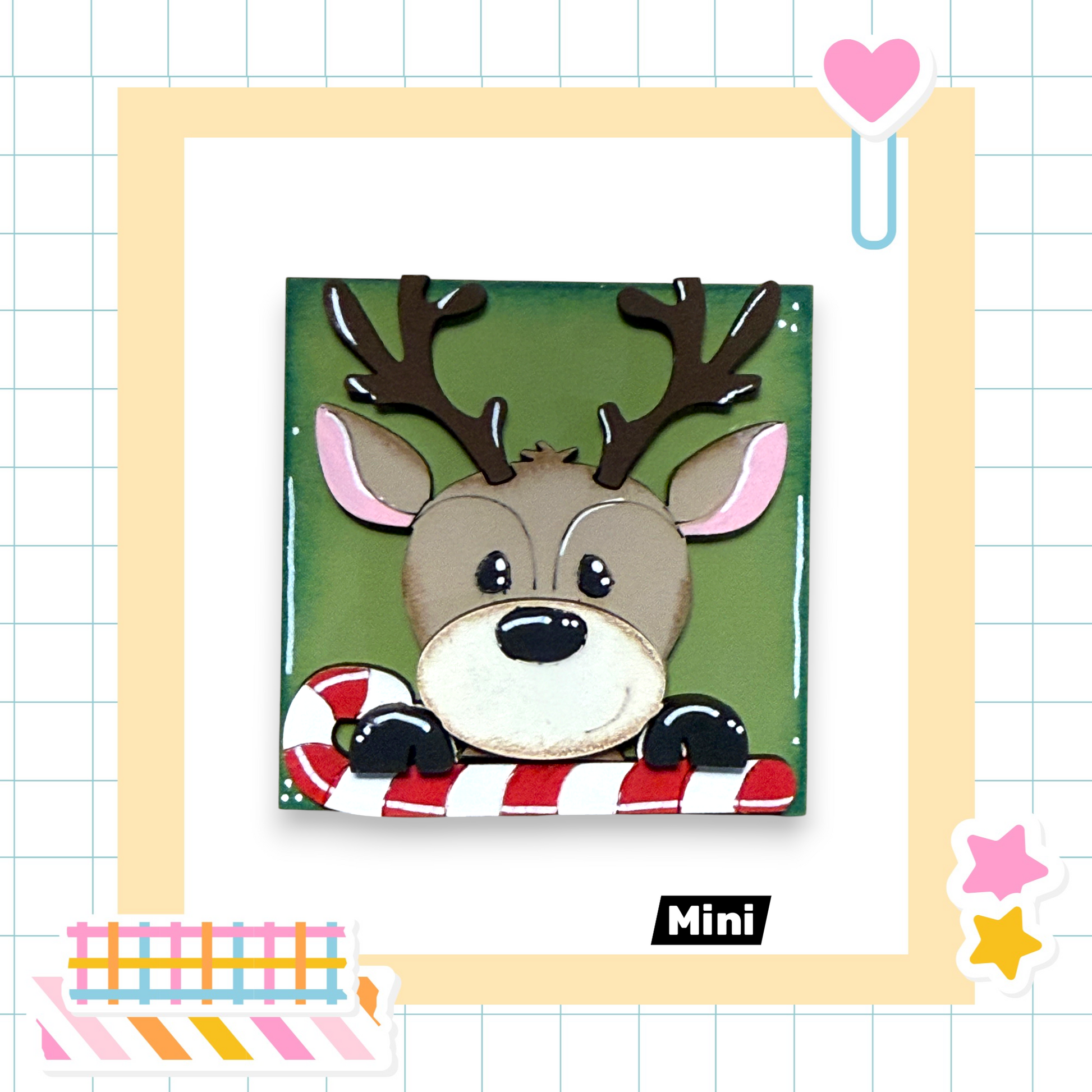 A collage of various colorful and whimsical images, including a cartoon reindeer, a candy cane, and other festive elements, all set against a grid background.