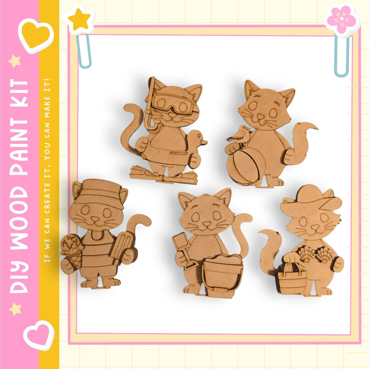 a collection of five wooden cat figurines, each with unique poses and accessories, displayed against a pink and yellow background.