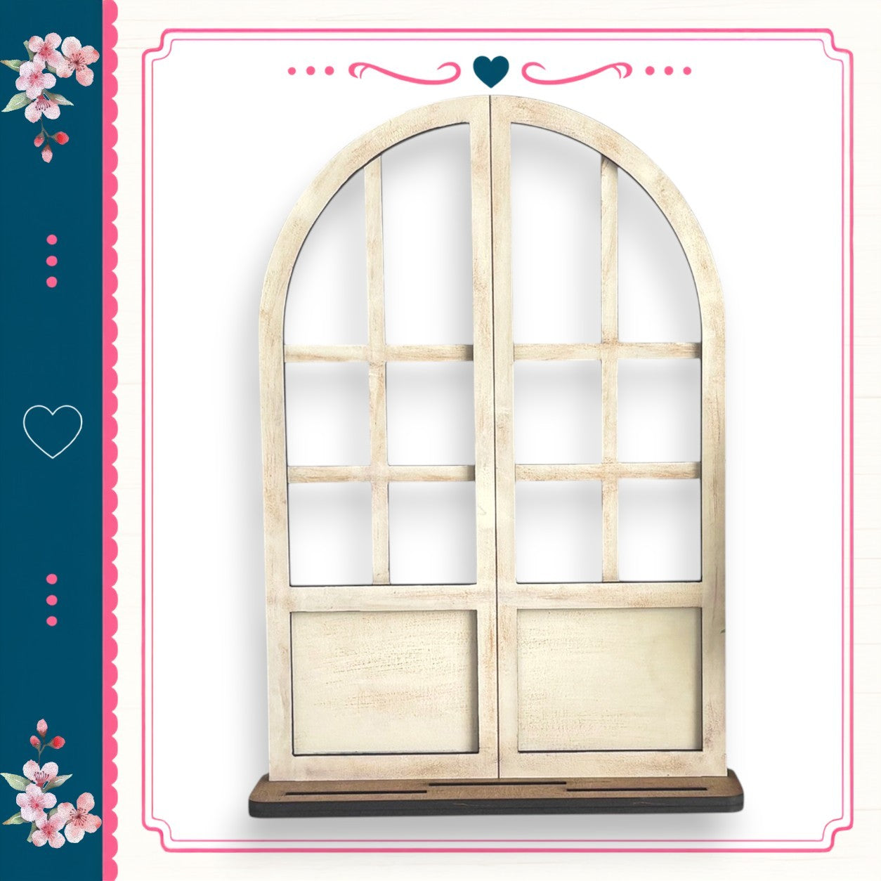 a white wooden archway with a heart symbol above it, set against a white background with a pink and blue border.