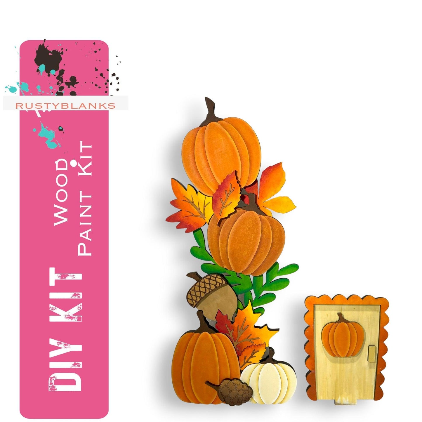 a picture of a wooden fall decoration with pumpkins and acorns