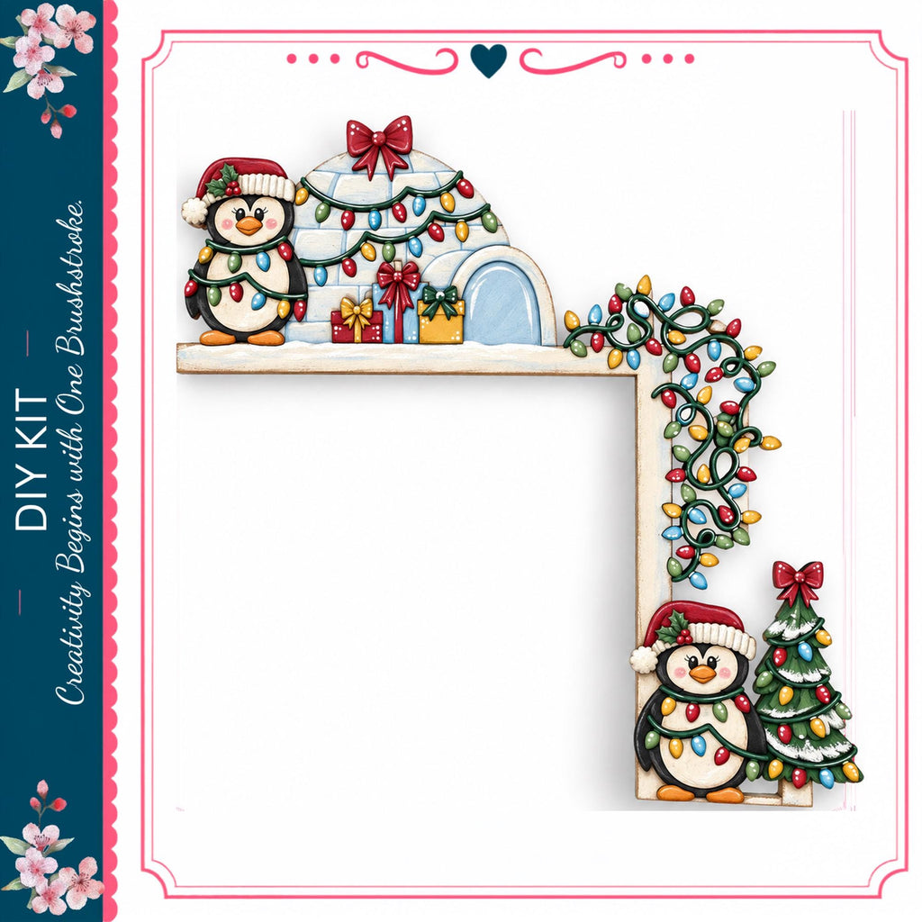 A decorative Christmas-themed frame with a playful arrangement of penguins and holiday lights.