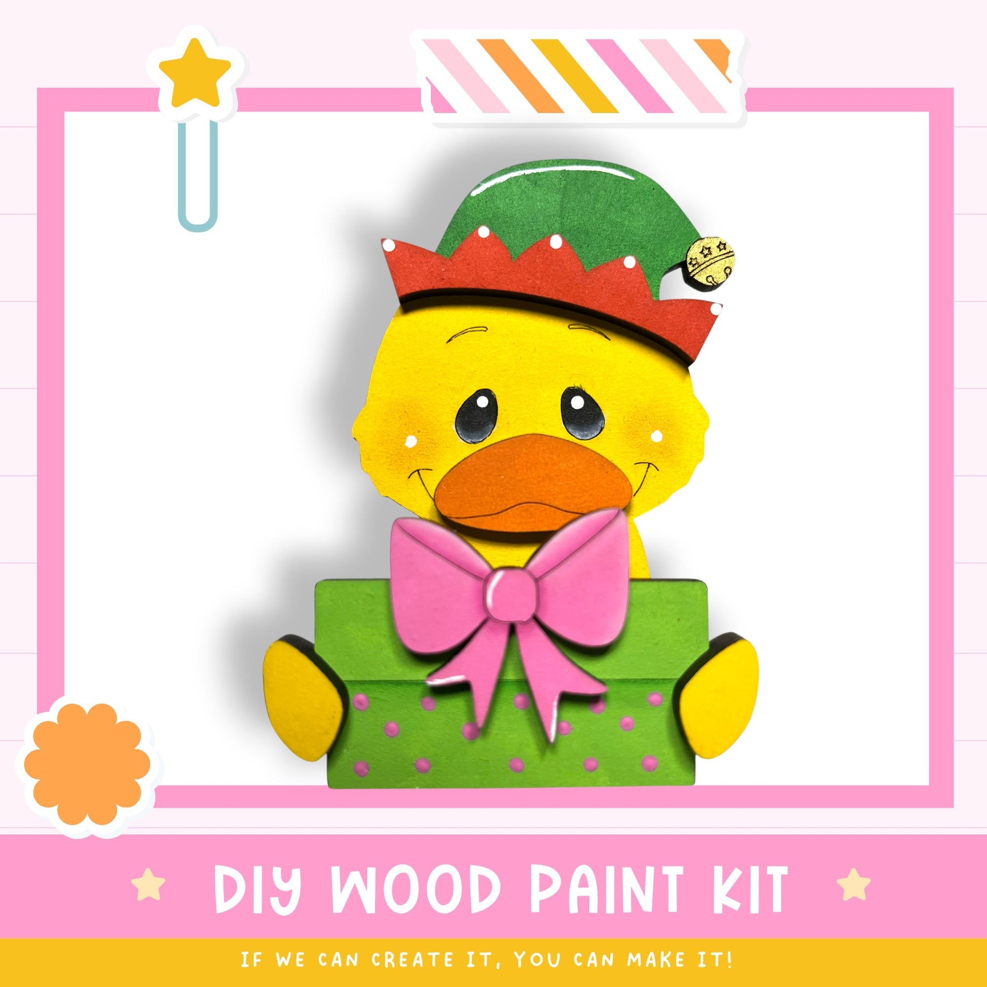 A cheerful yellow duck wearing a green hat and holding a green gift box with a pink bow, set against a pink and white striped background.