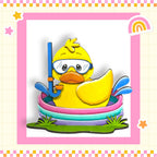 a rubber duck in a pool with a stick in it's mouth
