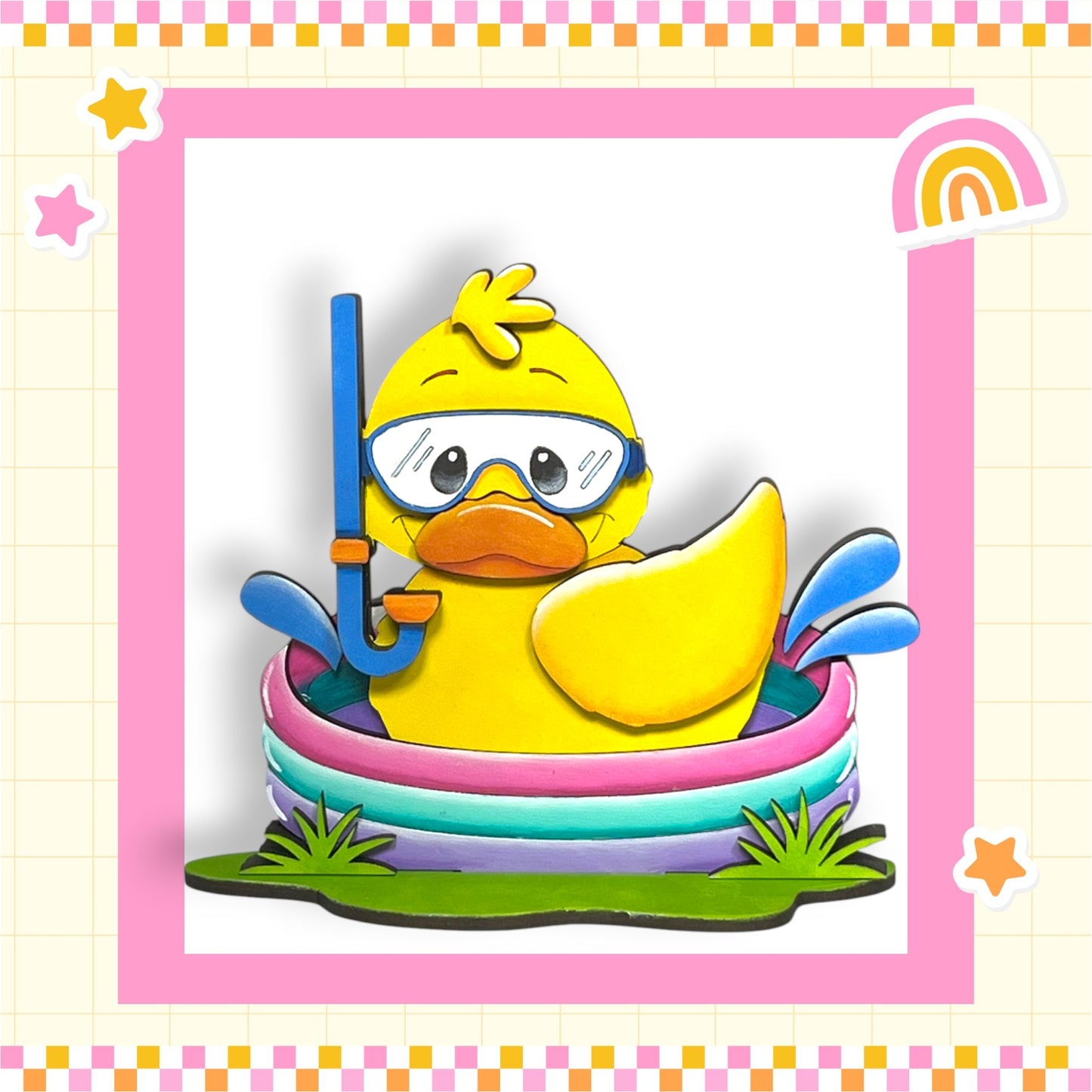 a rubber duck in a pool with a stick in it's mouth