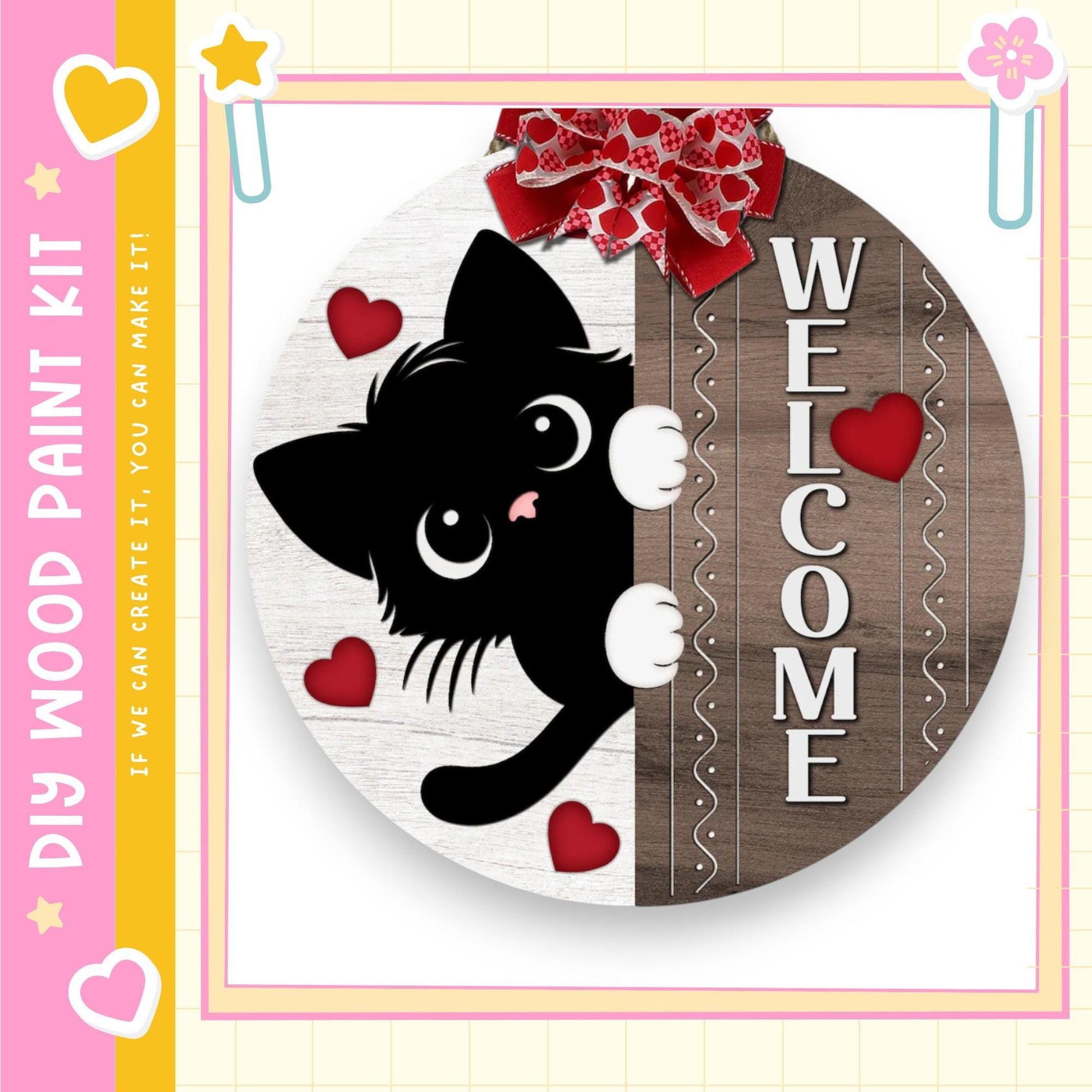 A black cat peeking out from behind a wooden sign with the word "WELCOME" written on it.
