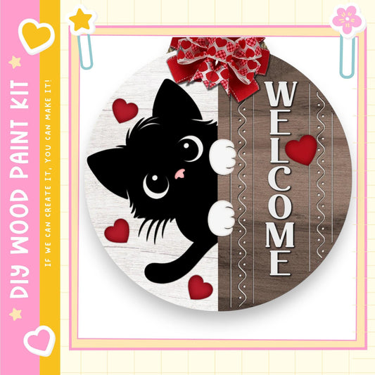 A black cat peeking out from behind a wooden sign with the word "WELCOME" written on it.
