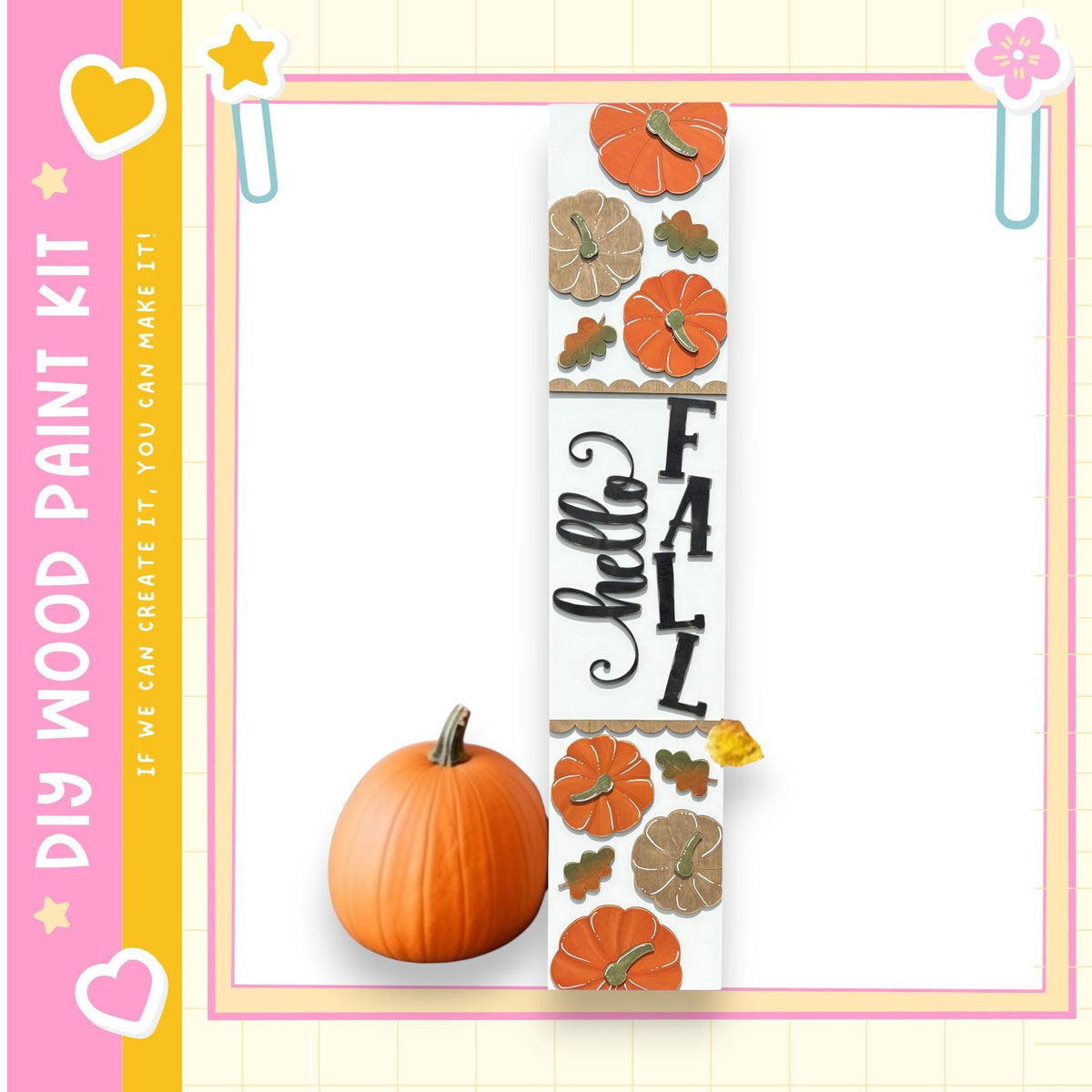 a wooden sign with the phrase "FALL" written on it, surrounded by various fall-themed decorations such as pumpkins and leaves. There is also a small orange pumpkin placed next to the sign.