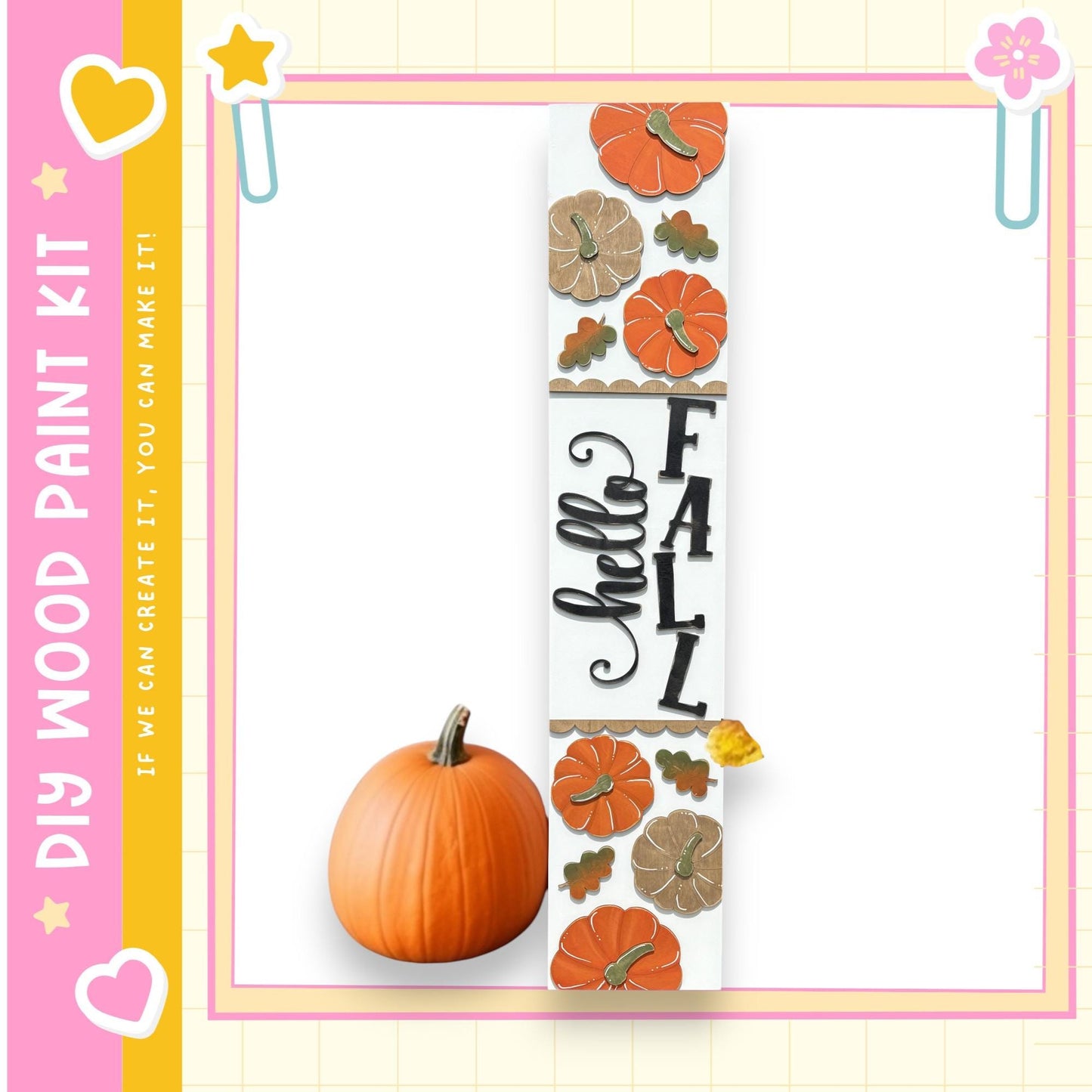 a wooden sign with the phrase "FALL" written on it, surrounded by various fall-themed decorations such as pumpkins and leaves. There is also a small orange pumpkin placed next to the sign.