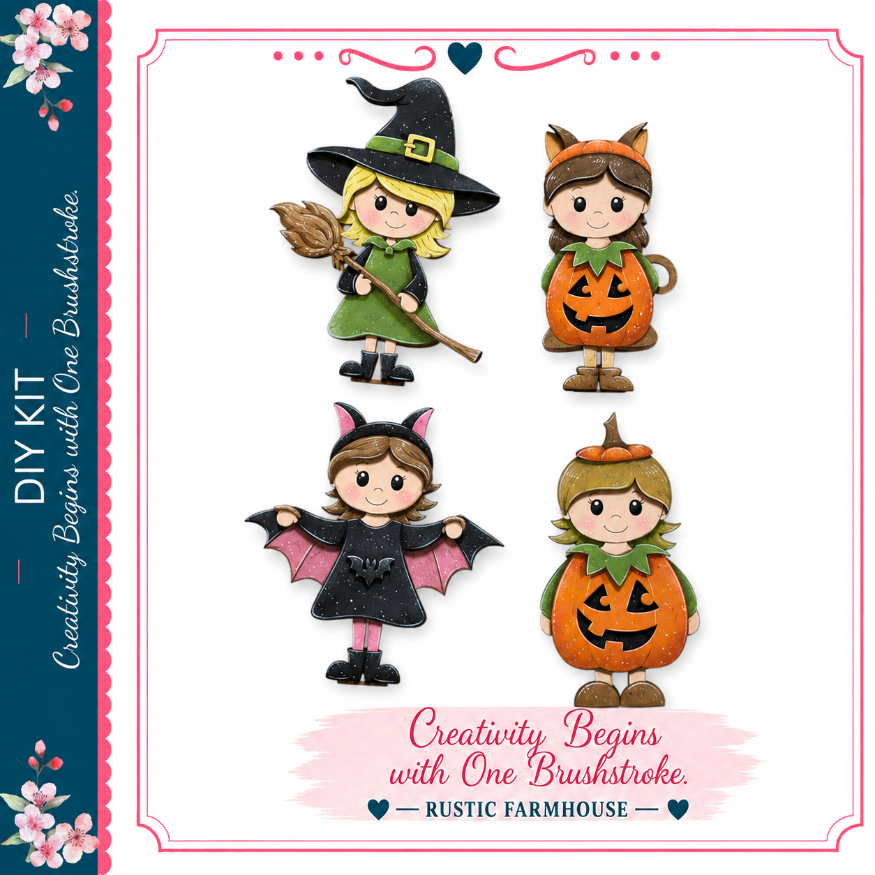 The image is a collage of four Halloween-themed characters, including a witch, a pumpkin, a bat, and a pumpkin with a carved face.