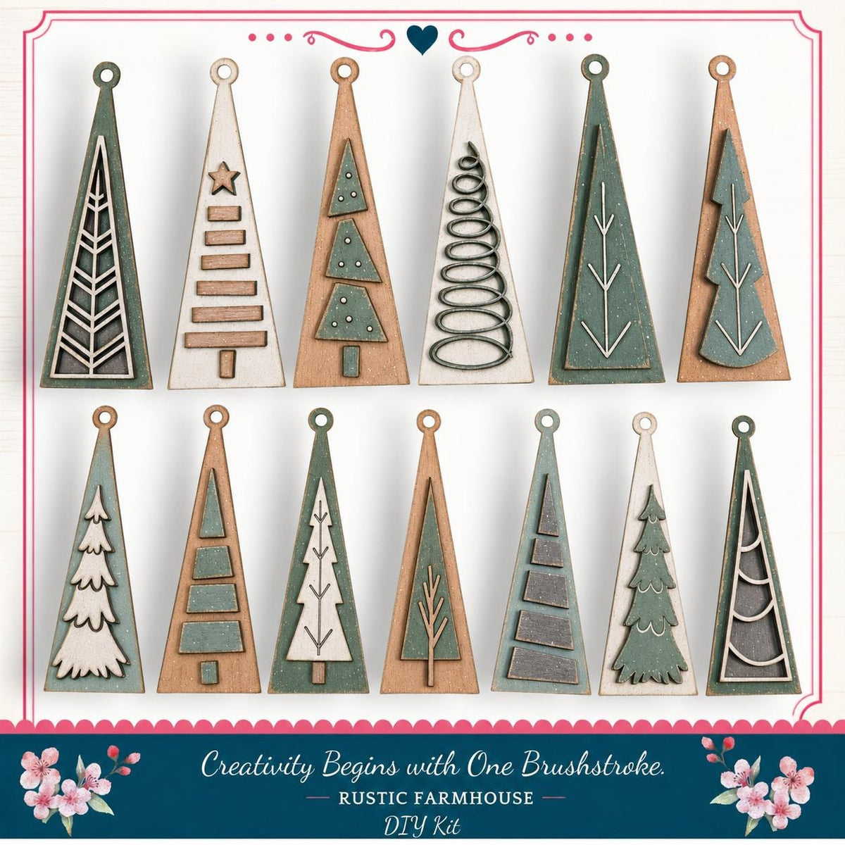 a collection of 12 unique Christmas tree ornaments, each with a distinct design and color scheme. The ornaments are arranged in a grid pattern, showcasing a variety of shapes and patterns, including geometric shapes, floral designs, and abstract elements. The text "Creativity Begins with One Brushstroke. Rustic Farmhouse DIY Kit" suggests that these ornaments are part of a creative project or kit for crafting homemade Christmas decorations.