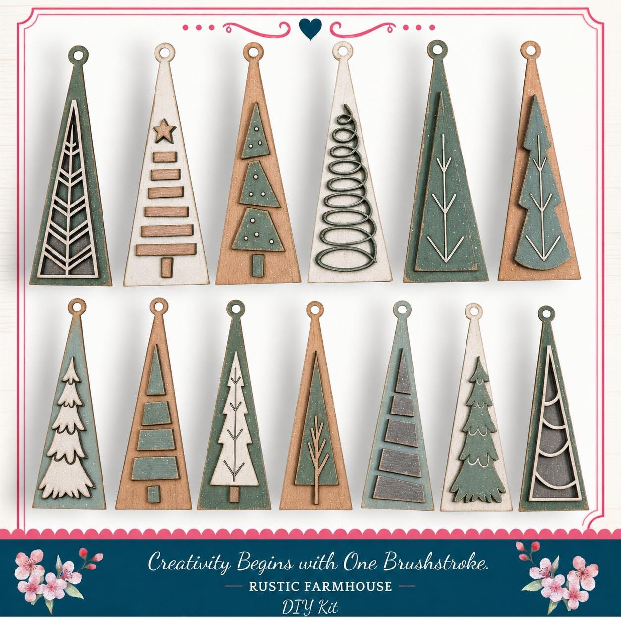 a collection of 12 unique Christmas tree ornaments, each with a distinct design and color scheme. The ornaments are arranged in a grid pattern, showcasing a variety of shapes and patterns, including geometric shapes, floral designs, and abstract elements. The text "Creativity Begins with One Brushstroke. Rustic Farmhouse DIY Kit" suggests that these ornaments are part of a creative project or kit for crafting homemade Christmas decorations.