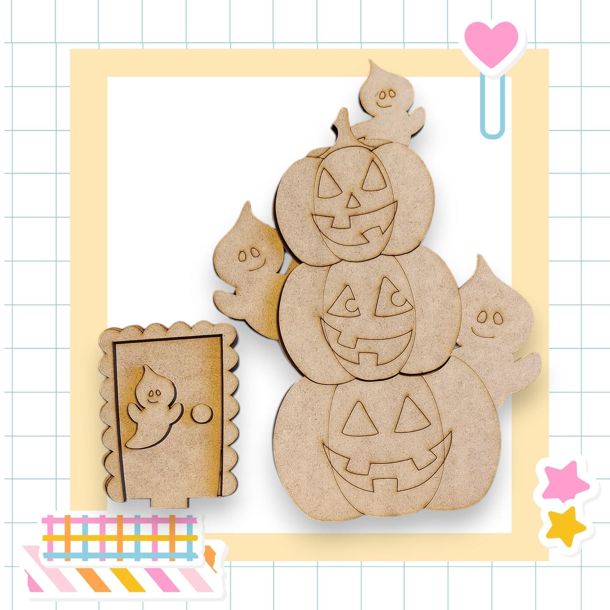 a Halloween-themed scene with three carved pumpkins and a small wooden door.