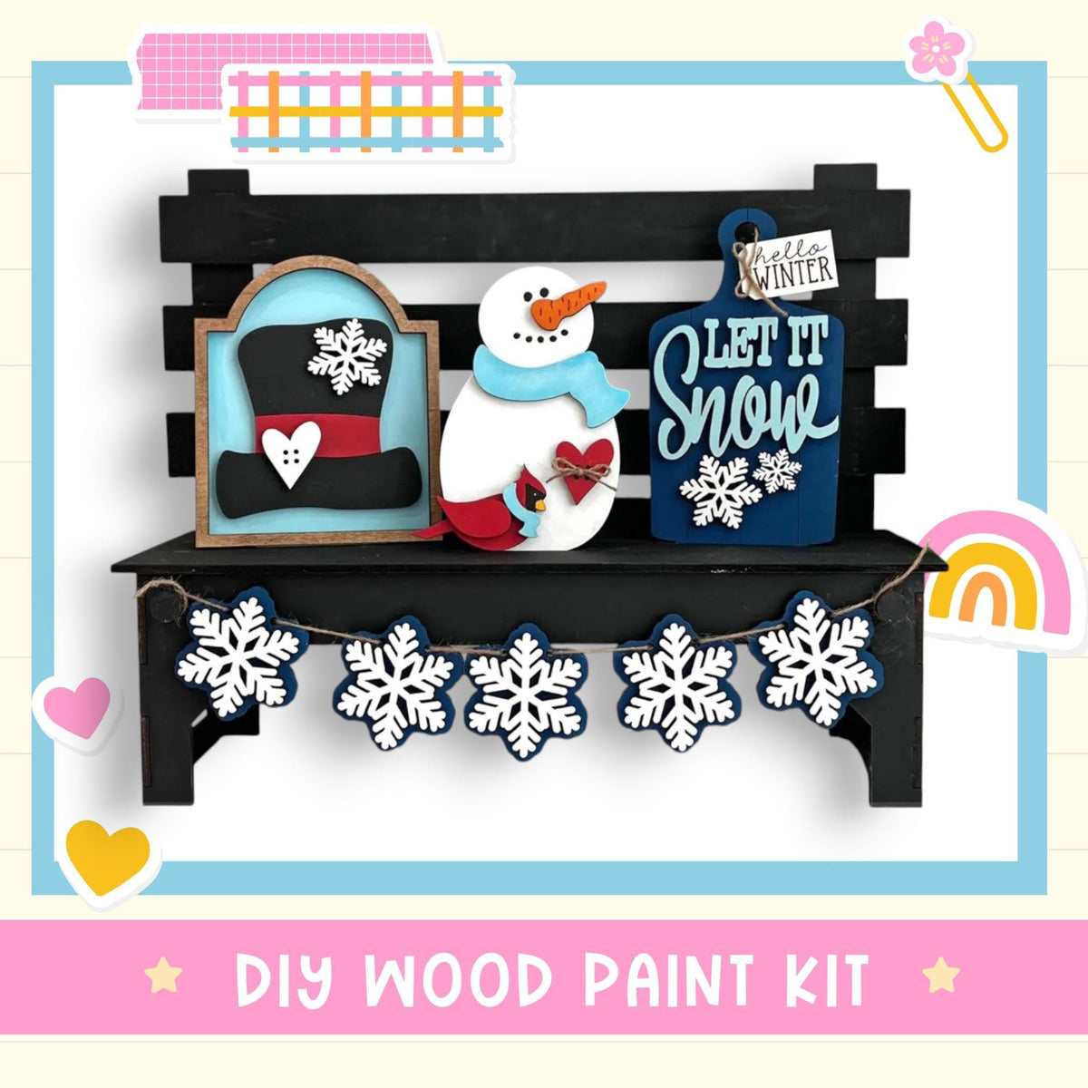a snowman is sitting on a bench with a snowman decoration