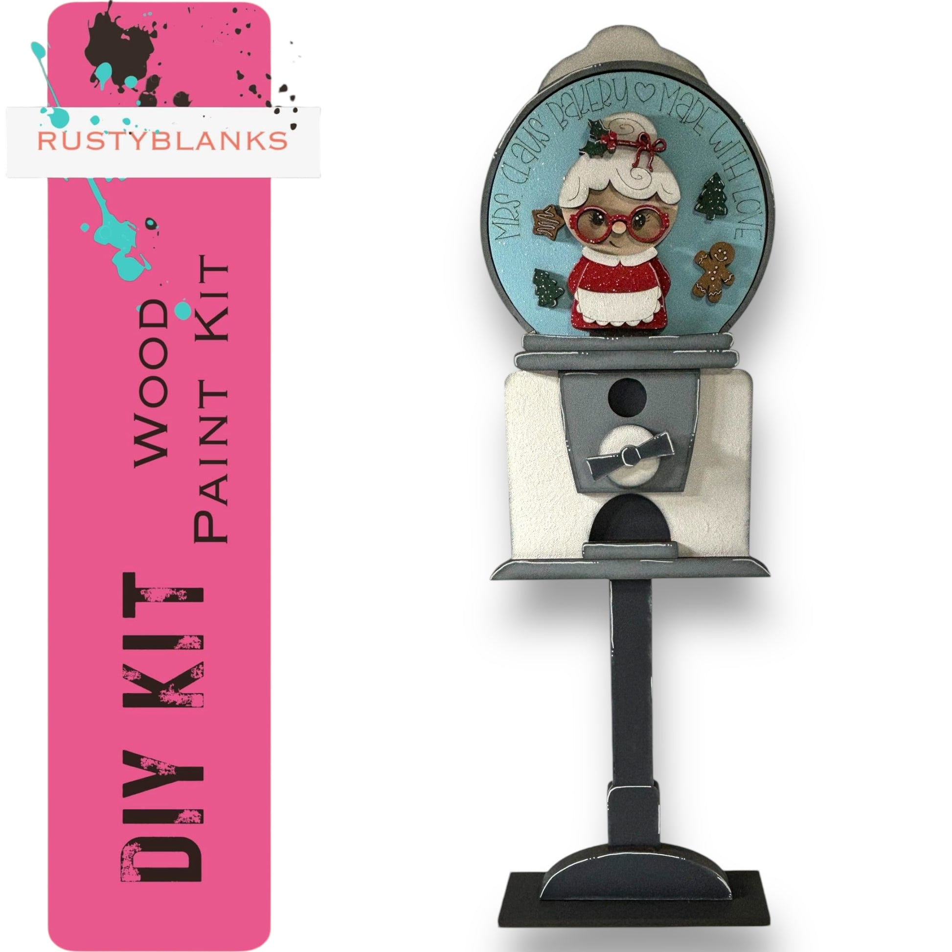 a DIY paint kit for creating a Christmas-themed item, including a wooden paint kit and a wooden paint dispenser with a painted Santa Claus figure.