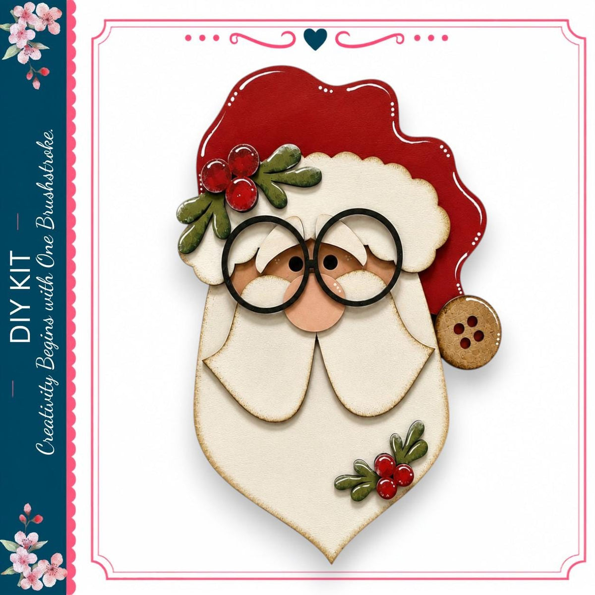A wooden Santa Claus figure with glasses and a red hat, decorated with berries and leaves, is the central focus of the image.