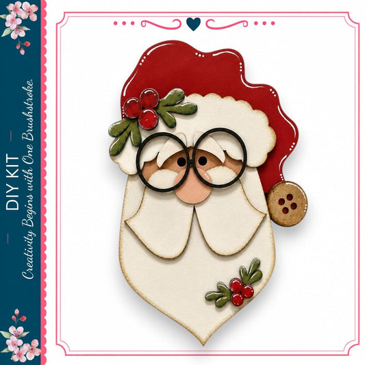 A wooden Santa Claus figure with glasses and a red hat, decorated with berries and leaves, is the central focus of the image.