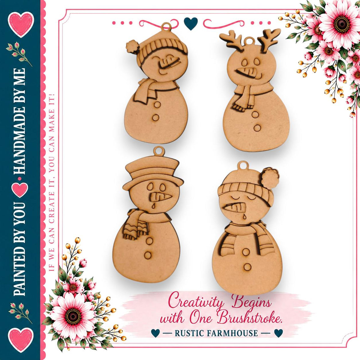 four wooden snowman ornaments with various accessories, including a hat, scarf, antlers, and a carrot nose, arranged in a square layout.