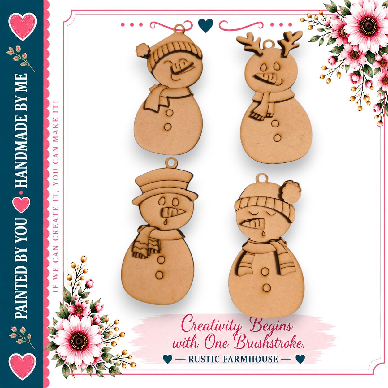 four wooden snowman ornaments with various accessories, including a hat, scarf, antlers, and a carrot nose, arranged in a square layout.