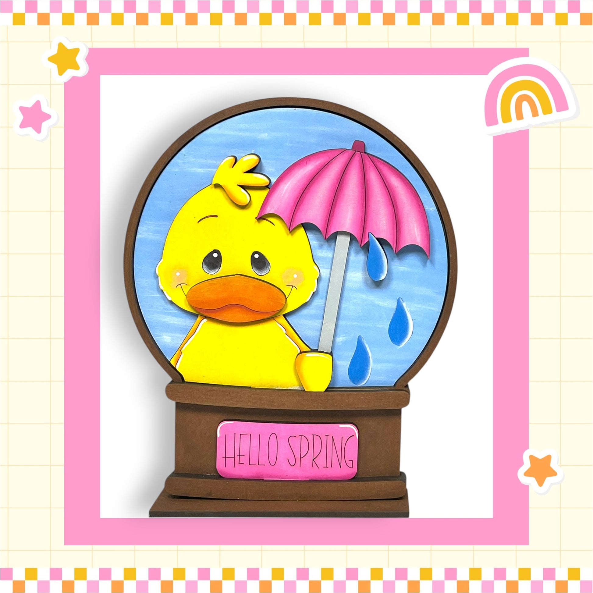 A yellow duck holding a pink umbrella inside a glass globe, with the text "Hello Spring" on the globe.