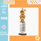 a colorful spring toy with a bunny figure on top of it, set against an orange background.