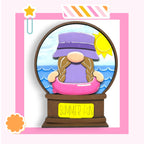 A whimsical illustration of a gnome wearing a purple hat and sitting in a pink inflatable pool, with a "Summer Fun" sign below the gnome.