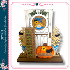 a DIY kit for creating a scarecrow, including a scarecrow figure, a scarecrow sign, and a scarecrow decoration.