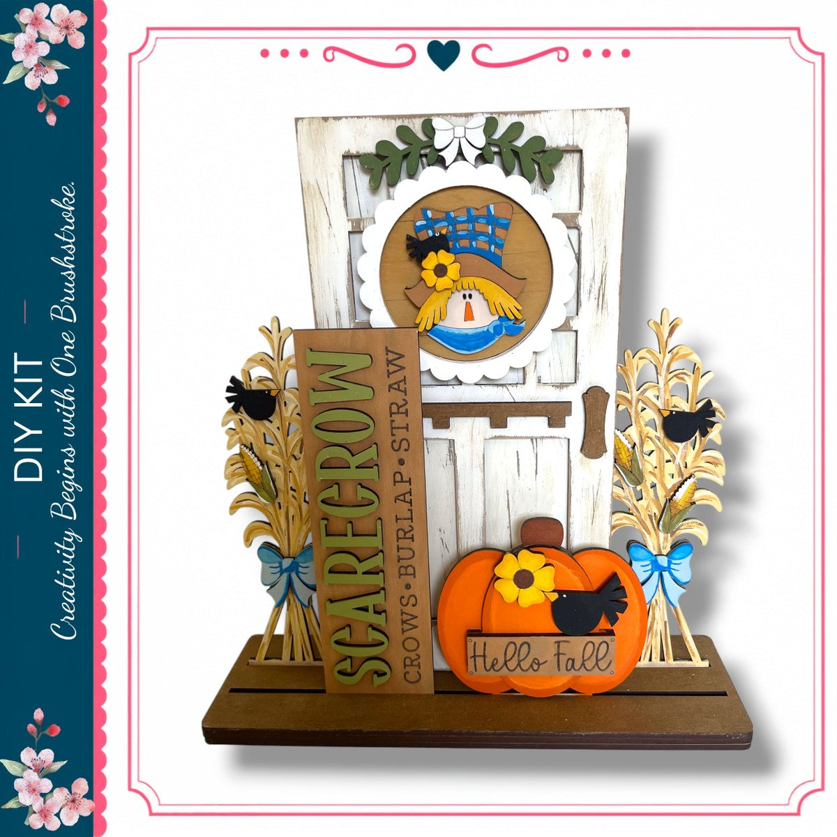 a DIY kit for creating a scarecrow, including a scarecrow figure, a scarecrow sign, and a scarecrow decoration.